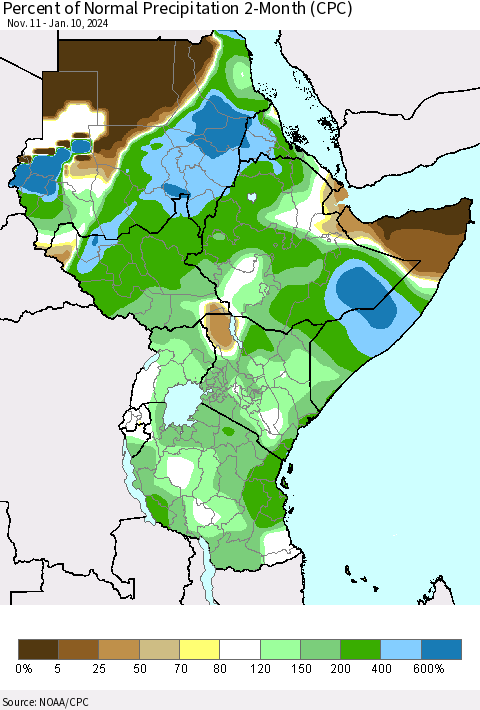 Eastern Africa Percent of Normal Precipitation 2-Month (CPC) Thematic Map For 11/11/2023 - 1/10/2024