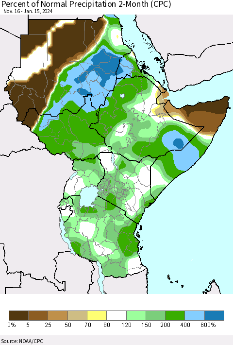 Eastern Africa Percent of Normal Precipitation 2-Month (CPC) Thematic Map For 11/16/2023 - 1/15/2024
