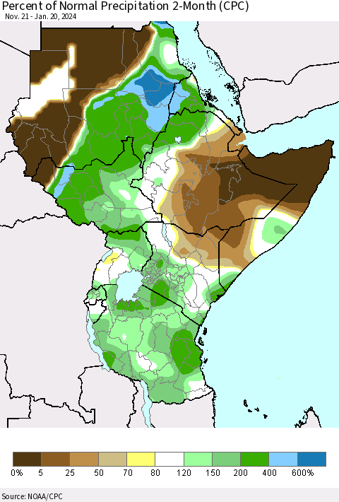Eastern Africa Percent of Normal Precipitation 2-Month (CPC) Thematic Map For 11/21/2023 - 1/20/2024