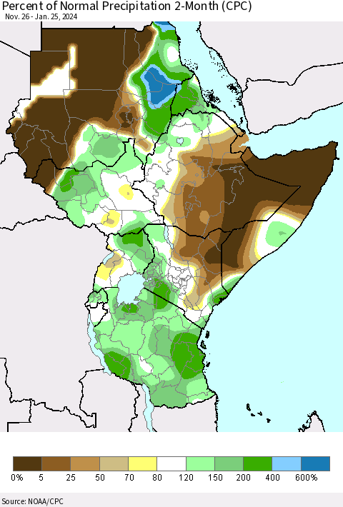Eastern Africa Percent of Normal Precipitation 2-Month (CPC) Thematic Map For 11/26/2023 - 1/25/2024