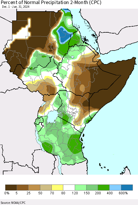 Eastern Africa Percent of Normal Precipitation 2-Month (CPC) Thematic Map For 12/1/2023 - 1/31/2024