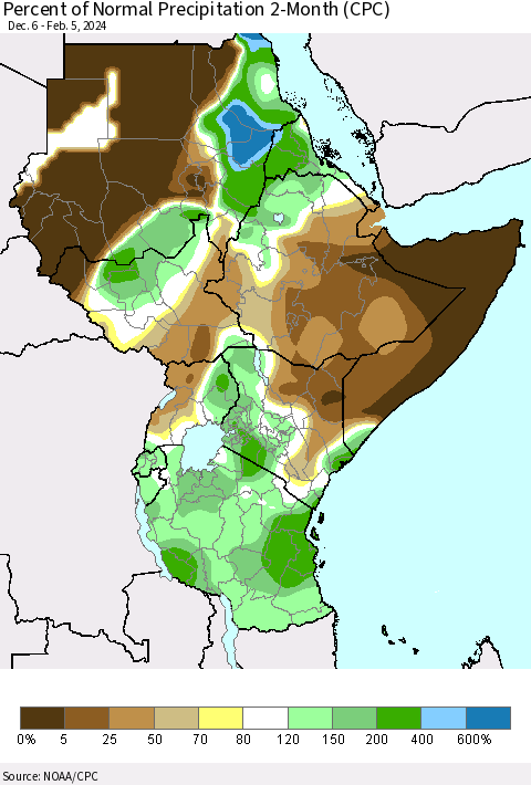 Eastern Africa Percent of Normal Precipitation 2-Month (CPC) Thematic Map For 12/6/2023 - 2/5/2024