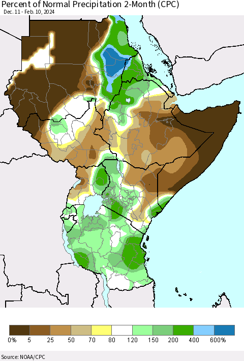 Eastern Africa Percent of Normal Precipitation 2-Month (CPC) Thematic Map For 12/11/2023 - 2/10/2024