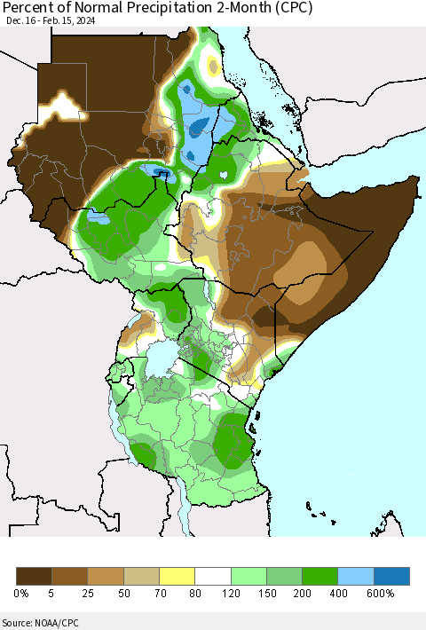 Eastern Africa Percent of Normal Precipitation 2-Month (CPC) Thematic Map For 12/16/2023 - 2/15/2024