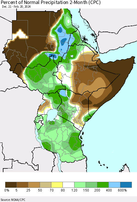 Eastern Africa Percent of Normal Precipitation 2-Month (CPC) Thematic Map For 12/21/2023 - 2/20/2024