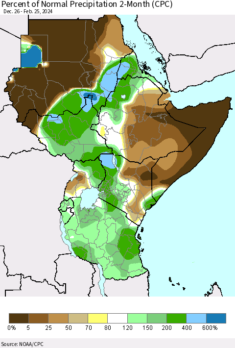 Eastern Africa Percent of Normal Precipitation 2-Month (CPC) Thematic Map For 12/26/2023 - 2/25/2024