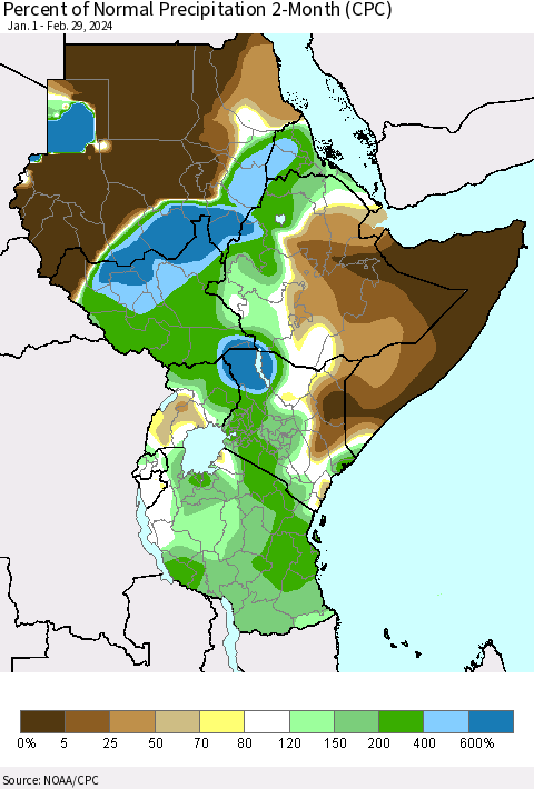 Eastern Africa Percent of Normal Precipitation 2-Month (CPC) Thematic Map For 1/1/2024 - 2/29/2024