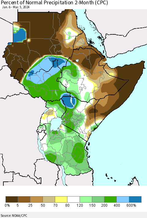 Eastern Africa Percent of Normal Precipitation 2-Month (CPC) Thematic Map For 1/6/2024 - 3/5/2024