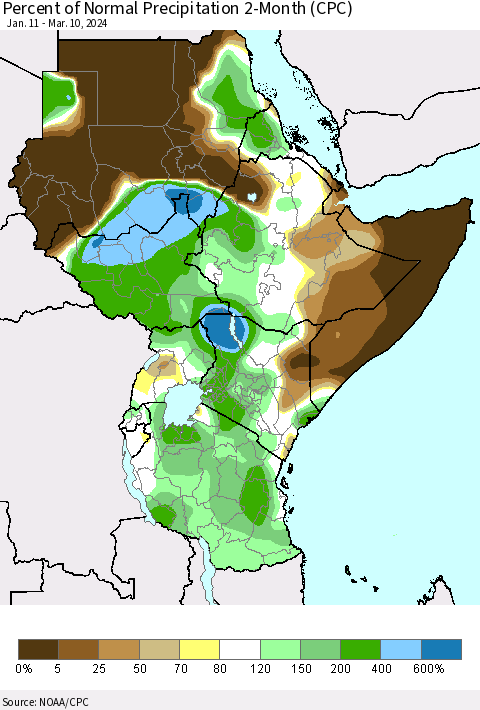 Eastern Africa Percent of Normal Precipitation 2-Month (CPC) Thematic Map For 1/11/2024 - 3/10/2024