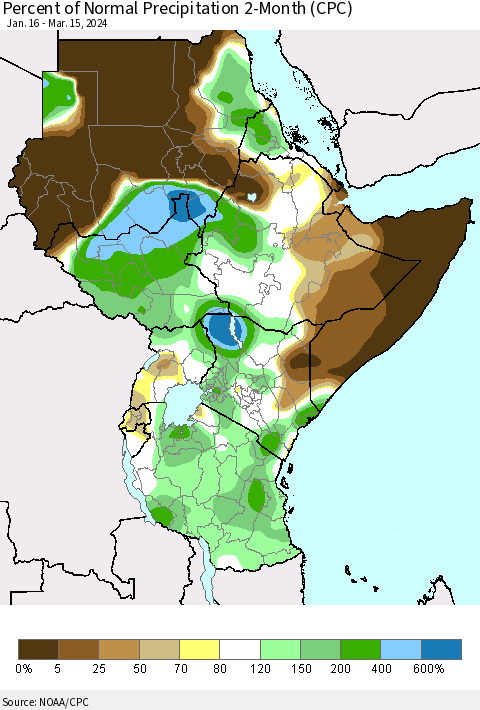Eastern Africa Percent of Normal Precipitation 2-Month (CPC) Thematic Map For 1/16/2024 - 3/15/2024