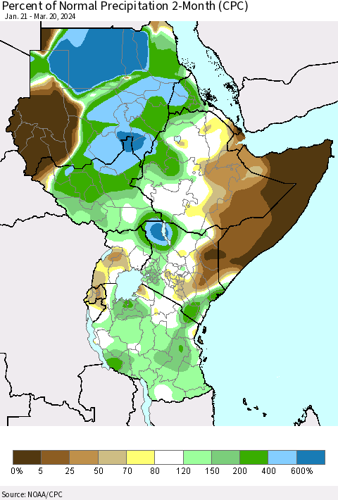 Eastern Africa Percent of Normal Precipitation 2-Month (CPC) Thematic Map For 1/21/2024 - 3/20/2024
