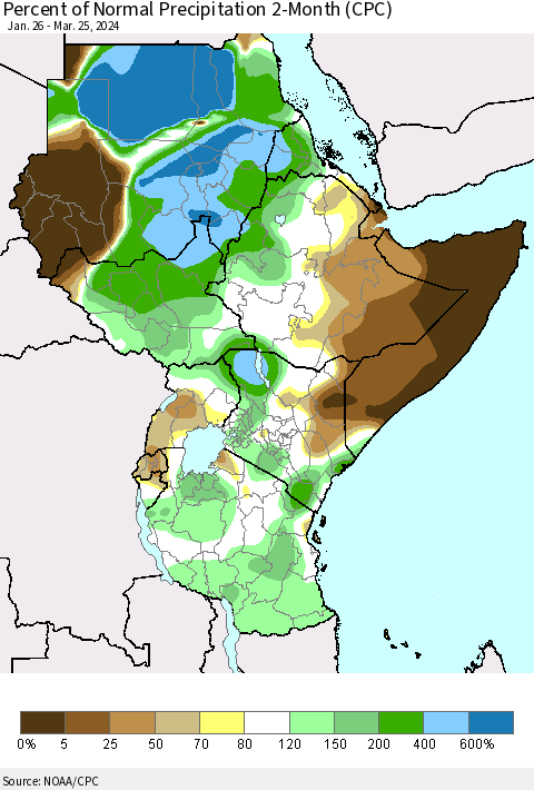 Eastern Africa Percent of Normal Precipitation 2-Month (CPC) Thematic Map For 1/26/2024 - 3/25/2024
