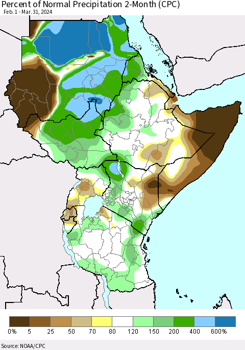 Eastern Africa Percent of Normal Precipitation 2-Month (CPC) Thematic Map For 2/1/2024 - 3/31/2024
