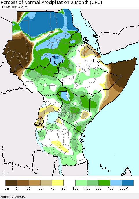Eastern Africa Percent of Normal Precipitation 2-Month (CPC) Thematic Map For 2/6/2024 - 4/5/2024