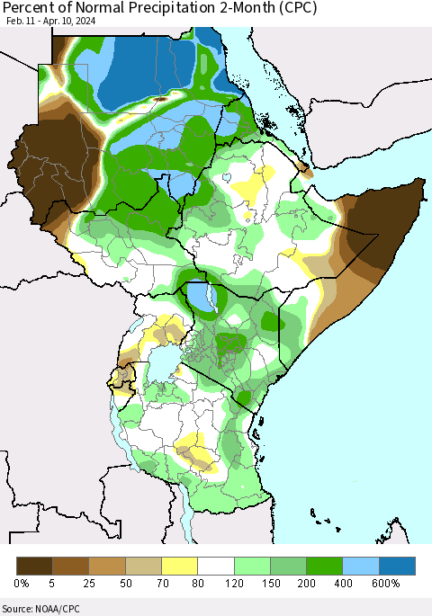 Eastern Africa Percent of Normal Precipitation 2-Month (CPC) Thematic Map For 2/11/2024 - 4/10/2024