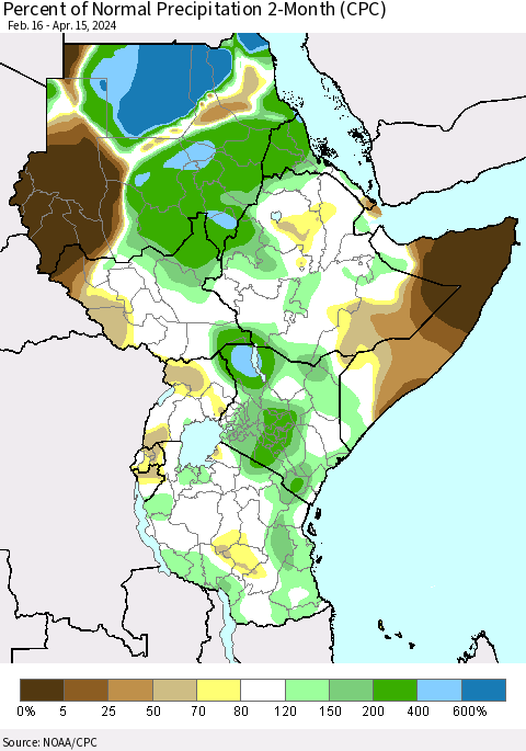 Eastern Africa Percent of Normal Precipitation 2-Month (CPC) Thematic Map For 2/16/2024 - 4/15/2024