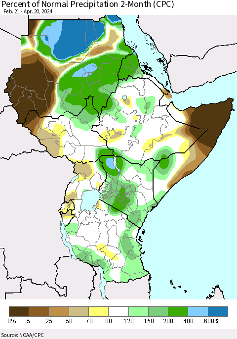 Eastern Africa Percent of Normal Precipitation 2-Month (CPC) Thematic Map For 2/21/2024 - 4/20/2024