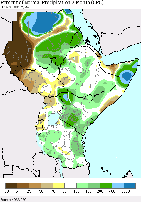 Eastern Africa Percent of Normal Precipitation 2-Month (CPC) Thematic Map For 2/26/2024 - 4/25/2024