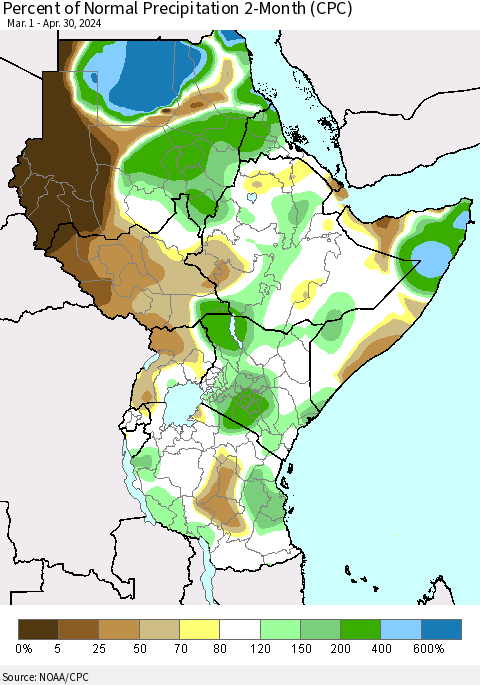 Eastern Africa Percent of Normal Precipitation 2-Month (CPC) Thematic Map For 3/1/2024 - 4/30/2024