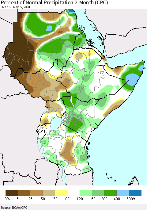 Eastern Africa Percent of Normal Precipitation 2-Month (CPC) Thematic Map For 3/6/2024 - 5/5/2024