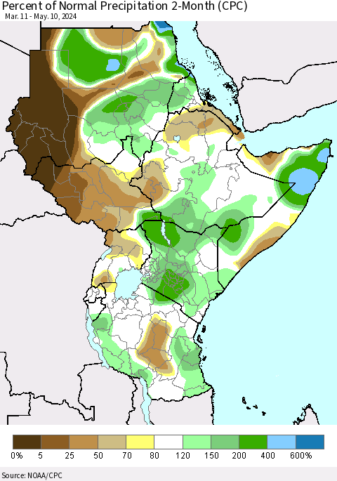 Eastern Africa Percent of Normal Precipitation 2-Month (CPC) Thematic Map For 3/11/2024 - 5/10/2024