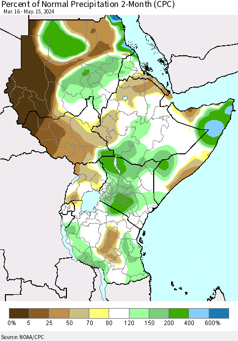 Eastern Africa Percent of Normal Precipitation 2-Month (CPC) Thematic Map For 3/16/2024 - 5/15/2024