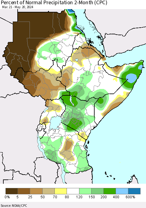 Eastern Africa Percent of Normal Precipitation 2-Month (CPC) Thematic Map For 3/21/2024 - 5/20/2024