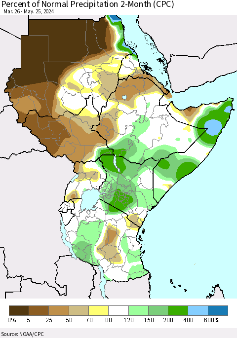 Eastern Africa Percent of Normal Precipitation 2-Month (CPC) Thematic Map For 3/26/2024 - 5/25/2024