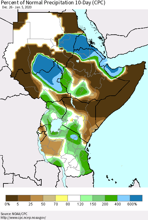 Eastern Africa Percent of Normal Precipitation 10-Day (CPC) Thematic Map For 12/26/2019 - 1/5/2020