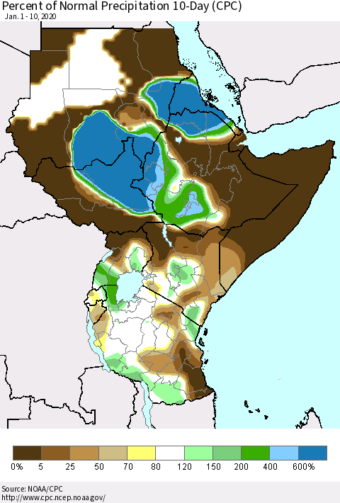 Eastern Africa Percent of Normal Precipitation 10-Day (CPC) Thematic Map For 1/1/2020 - 1/10/2020
