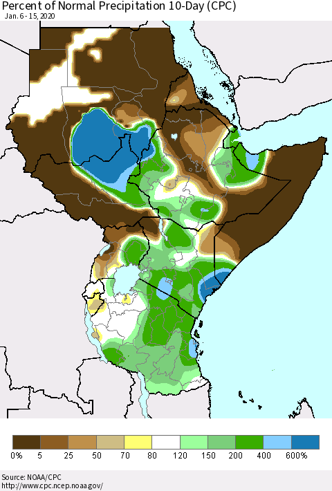 Eastern Africa Percent of Normal Precipitation 10-Day (CPC) Thematic Map For 1/6/2020 - 1/15/2020