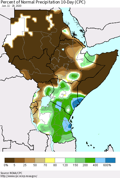 Eastern Africa Percent of Normal Precipitation 10-Day (CPC) Thematic Map For 1/11/2020 - 1/20/2020