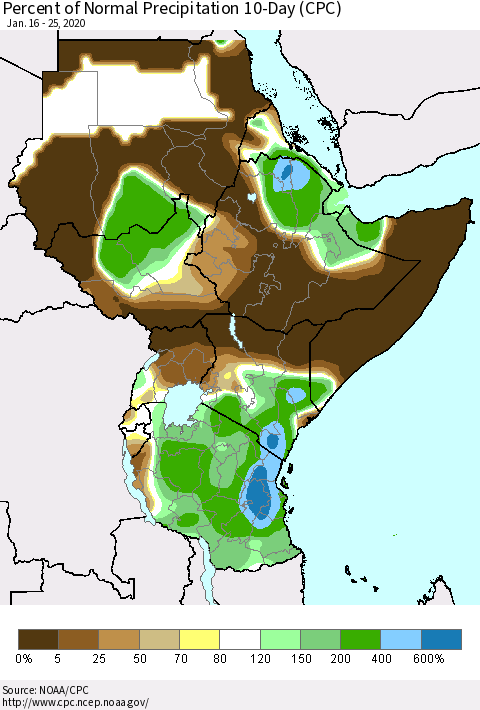 Eastern Africa Percent of Normal Precipitation 10-Day (CPC) Thematic Map For 1/16/2020 - 1/25/2020