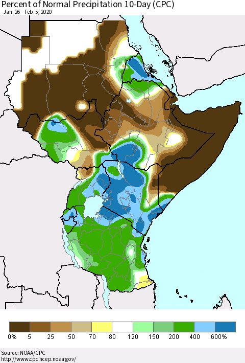 Eastern Africa Percent of Normal Precipitation 10-Day (CPC) Thematic Map For 1/26/2020 - 2/5/2020