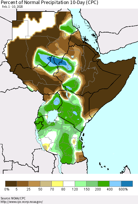 Eastern Africa Percent of Normal Precipitation 10-Day (CPC) Thematic Map For 2/1/2020 - 2/10/2020