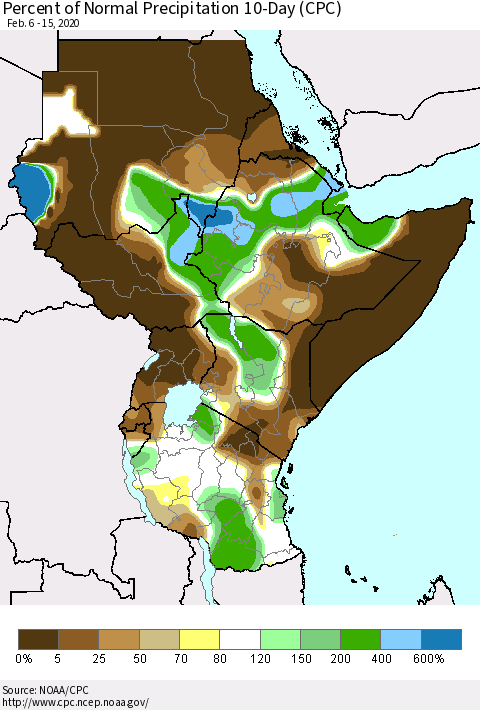 Eastern Africa Percent of Normal Precipitation 10-Day (CPC) Thematic Map For 2/6/2020 - 2/15/2020
