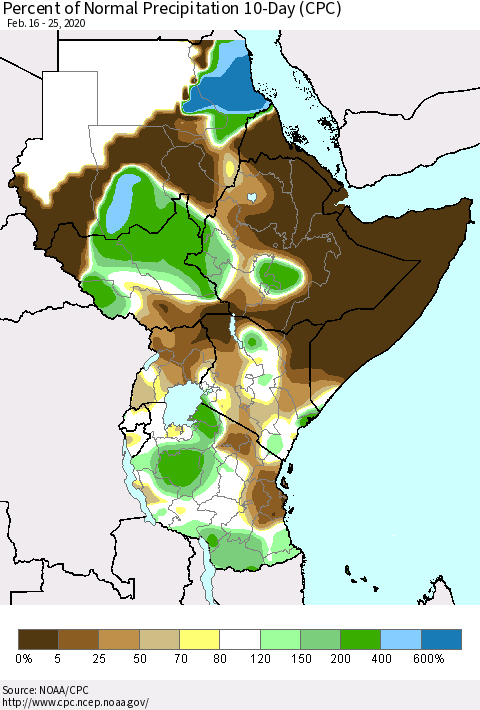 Eastern Africa Percent of Normal Precipitation 10-Day (CPC) Thematic Map For 2/16/2020 - 2/25/2020