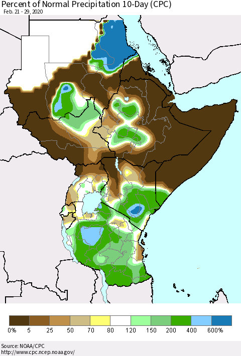 Eastern Africa Percent of Normal Precipitation 10-Day (CPC) Thematic Map For 2/21/2020 - 2/29/2020
