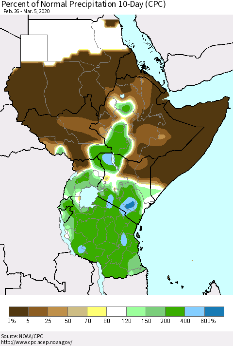 Eastern Africa Percent of Normal Precipitation 10-Day (CPC) Thematic Map For 2/26/2020 - 3/5/2020