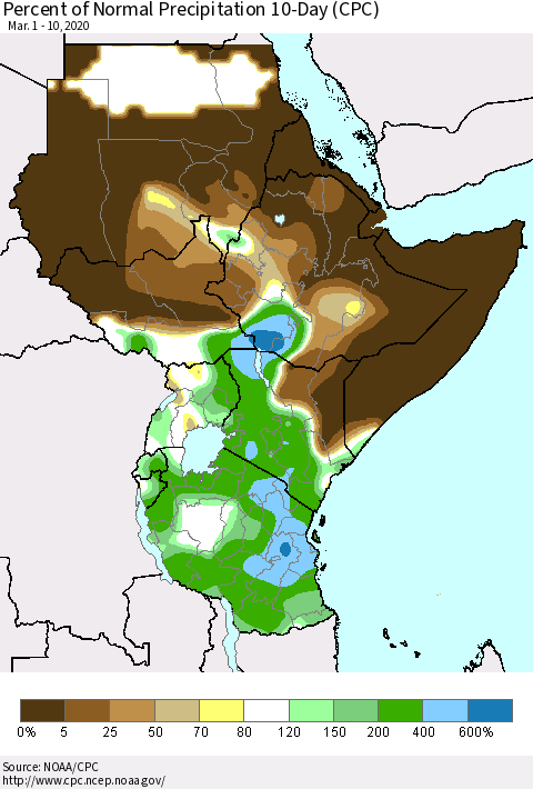 Eastern Africa Percent of Normal Precipitation 10-Day (CPC) Thematic Map For 3/1/2020 - 3/10/2020