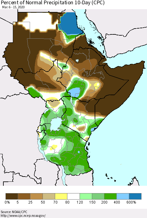 Eastern Africa Percent of Normal Precipitation 10-Day (CPC) Thematic Map For 3/6/2020 - 3/15/2020