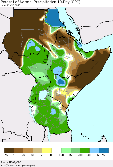 Eastern Africa Percent of Normal Precipitation 10-Day (CPC) Thematic Map For 3/11/2020 - 3/20/2020