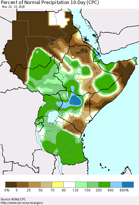 Eastern Africa Percent of Normal Precipitation 10-Day (CPC) Thematic Map For 3/16/2020 - 3/25/2020