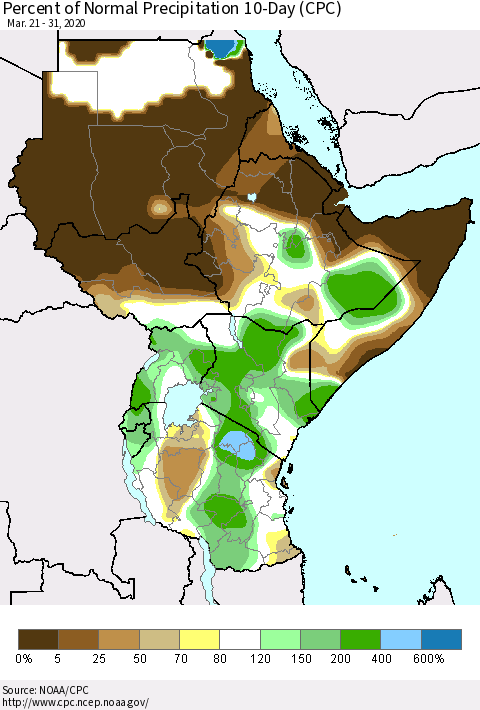 Eastern Africa Percent of Normal Precipitation 10-Day (CPC) Thematic Map For 3/21/2020 - 3/31/2020