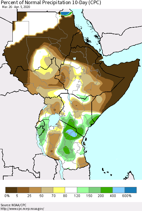 Eastern Africa Percent of Normal Precipitation 10-Day (CPC) Thematic Map For 3/26/2020 - 4/5/2020