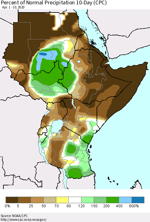 Eastern Africa Percent of Normal Precipitation 10-Day (CPC) Thematic Map For 4/1/2020 - 4/10/2020