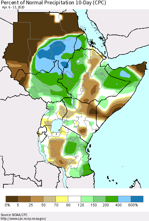 Eastern Africa Percent of Normal Precipitation 10-Day (CPC) Thematic Map For 4/6/2020 - 4/15/2020