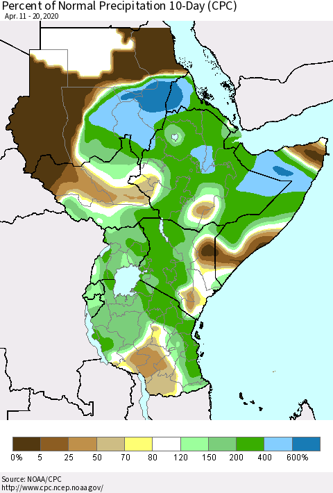 Eastern Africa Percent of Normal Precipitation 10-Day (CPC) Thematic Map For 4/11/2020 - 4/20/2020