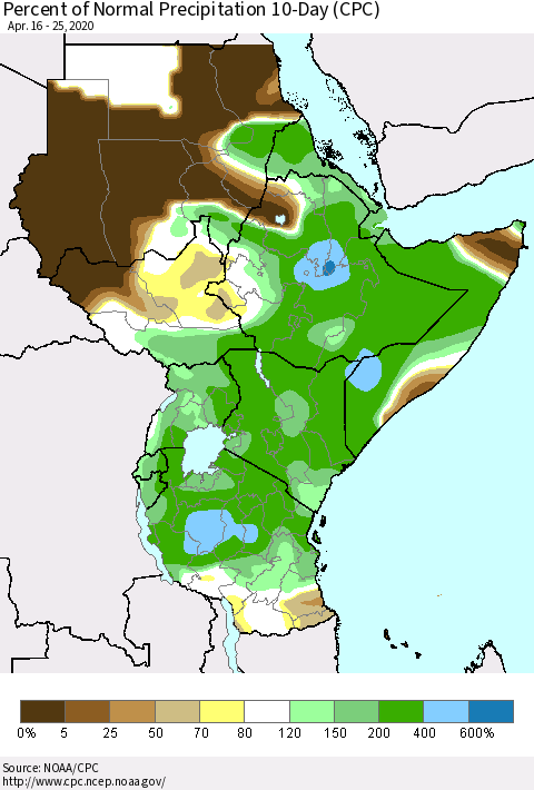 Eastern Africa Percent of Normal Precipitation 10-Day (CPC) Thematic Map For 4/16/2020 - 4/25/2020