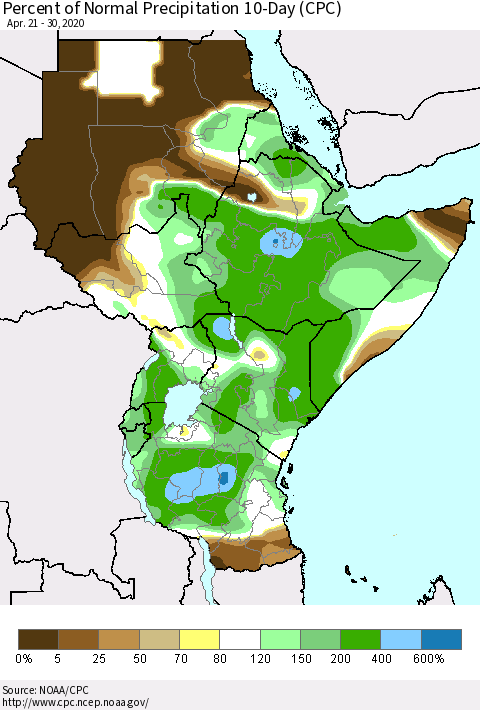 Eastern Africa Percent of Normal Precipitation 10-Day (CPC) Thematic Map For 4/21/2020 - 4/30/2020